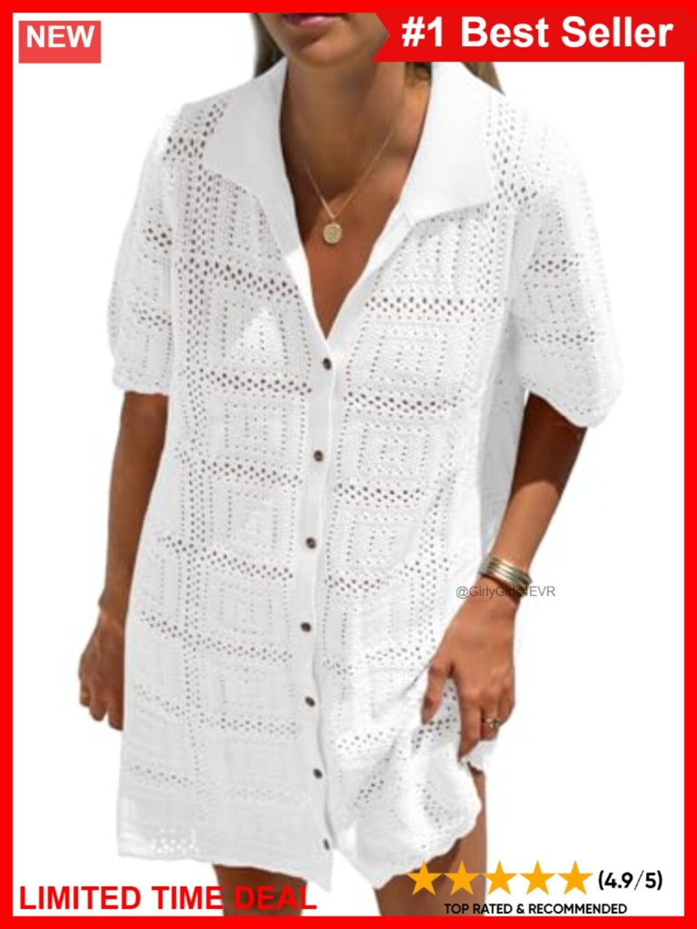 Crochet Swimsuit Cover Up Dress Short Sleeve Button V Neck Knit Beach Outfit